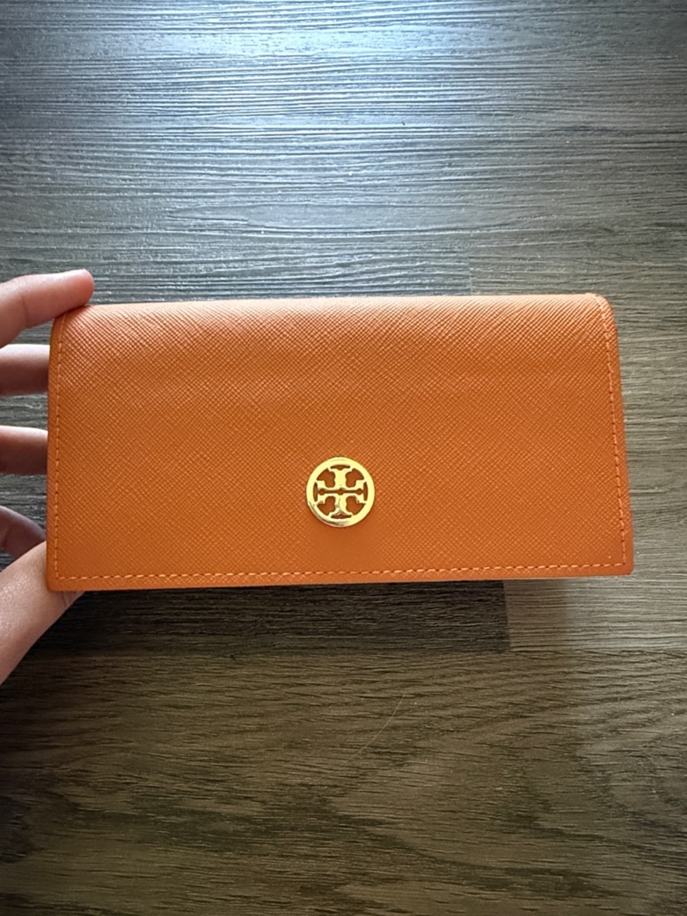 Tory Burch Saffiano Leather Glasses Case Orange Gold Logo Eyeglass Hard Case